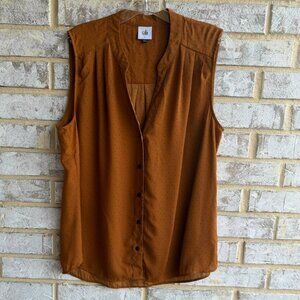 CAbi Sleeveless Button Front V-Neck Mustard Yellow/Black Polka Dot Blouse Size L